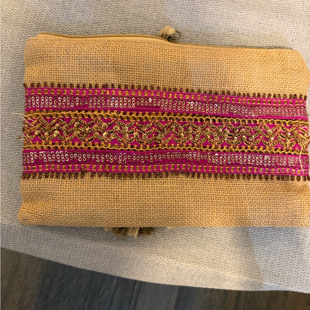 REVOLVE Pink and Tan Embroidered Clutch